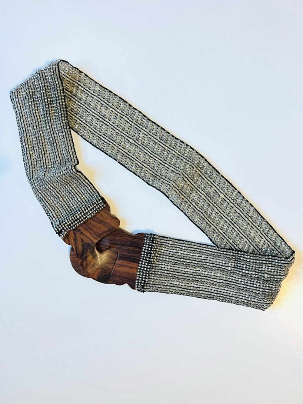 Vintage Glass Beaded Belt Wood Hook & Eye Buckle Silver & Clear Glass Seed Beads